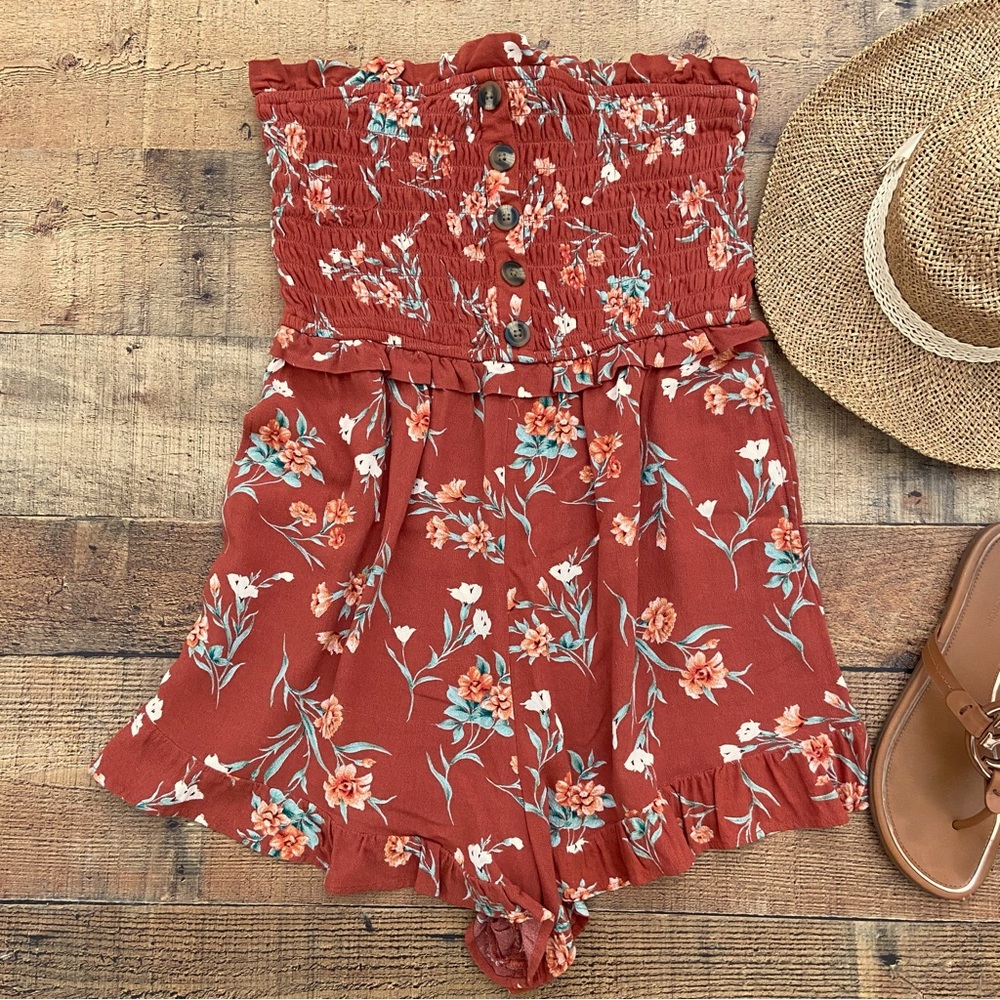 AEO Rust Floral Strapless Romper - Picture 2 of 10